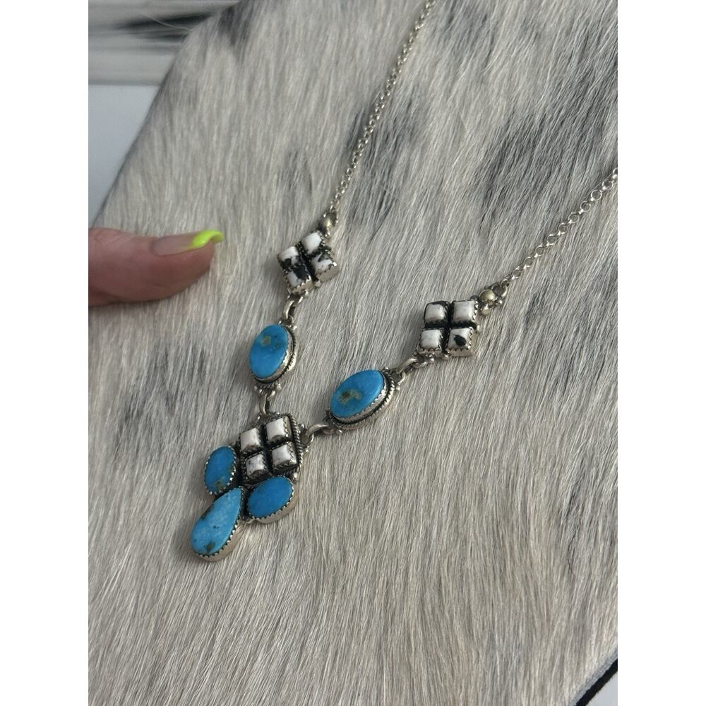 Sterling Silver Blue Kingman Turquoise White Buffalo Nugget Cluster Necklace 21” - Picture 3 of 16